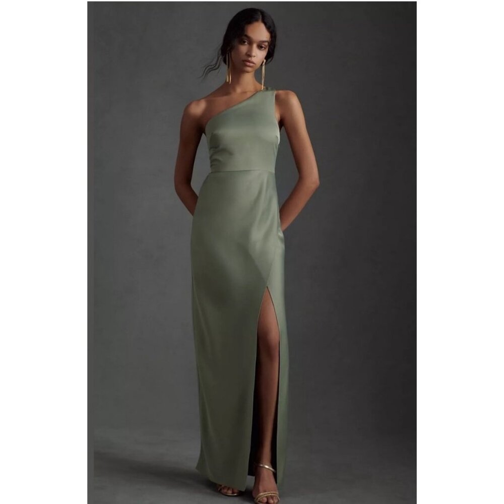NWT BHLDN Dylan One Shoulder Satin Charmeuse Bridesmaid Dress in Moss